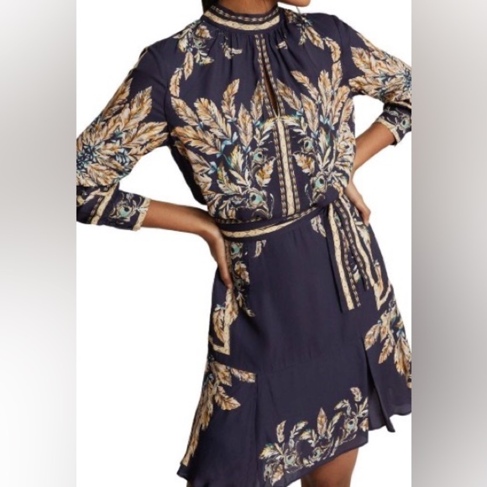 Reiss Long Sleeve Maria Dress Blue Feather Print